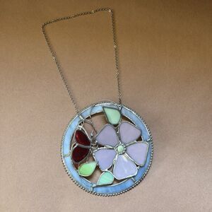 Stained Glass Window Hanging Floral Butterfly Art Piece